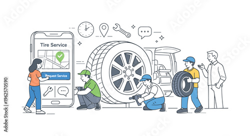 A transportation service and customer experience scene representing mobile tire service as a modern convenience offering, where a coordinated team responds to a service request
