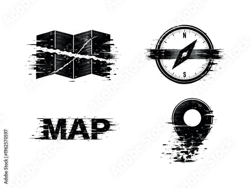 Navigation data and mapping disruption concept  a set of three glitch-distorted monochrome symbols presented as isolated floating elements on a perfectly clean