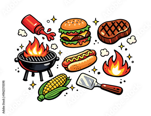 BBQ grill party collection of 8 bold, playful hand-drawn cartoon objects scattered freely on a white background at varying scales, like a colorful sticker sheet
