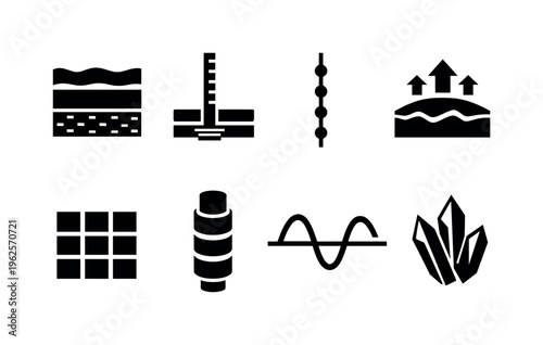Permafrost engineering monitoring: frozen soil layer bands, thaw settlement gauge rod, thermistor cable probe line, ground heave arrow uplift, insulation panel mat grid, pile