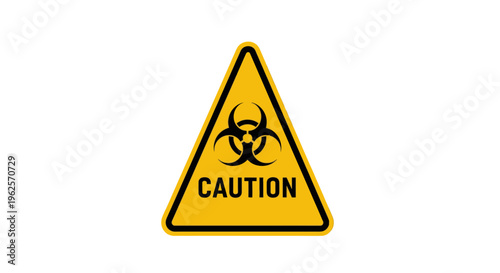 Biohazard Caution Sign with "CAUTION" Text, Yellow Triangle with Black Icon on Isolated White Background