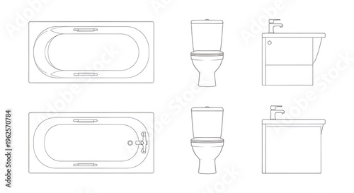 Technical Line Art Set of Bathroom Fixtures: Bathtubs, Toilets, and Washbasins Layout