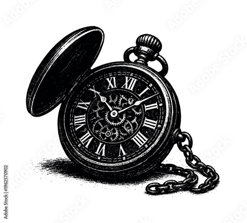 Vintage mechanical pocket watch shown in a slightly open three-quarter view with the lid hinged back, enlarged to fill most of the frame and isolated on a clean