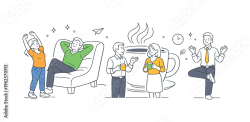 A productivity-focused context where professionals step away from tasks to rest and refresh their minds before continuing work efficiently, represented by a small group engaging