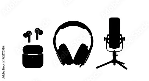 Audio Equipment Silhouette Set with Headphones and Microphones
