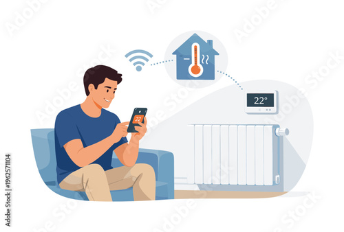 Smart home technology scenario showing an individual controlling home heating remotely for convenience and optimal indoor climate, with a character using a mobile device and one