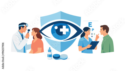 Eye health maintenance and regular ophthalmic care in a preventive healthcare context, represented by a stylized eye combined with a medical cross and a subtle shield element