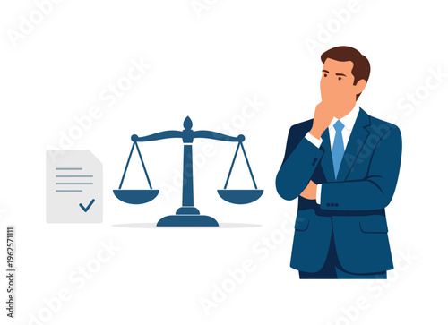 A ethical decision making and corporate responsibility scene showing a thoughtful leader weighing options beside a simple balanced scale symbol and a minimal document element