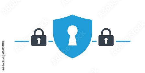 Minimalist geometric vector composition representing cybersecurity and data protection: a large bold shield shape at center with a clean keyhole cutout, flanked