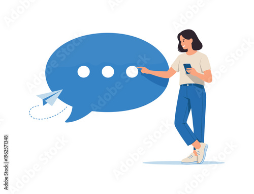 Social connection and messaging concept showing individuals sharing thoughts and staying connected through conversation in a modern context, with a minimal scene of a character