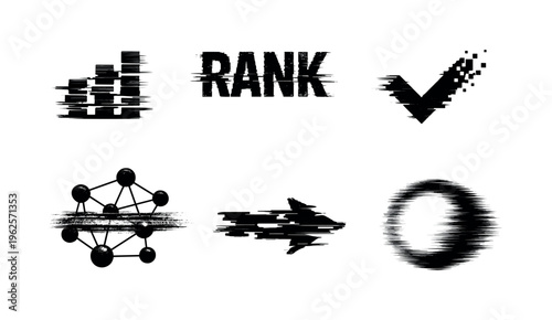 Theme: artificial intelligence feature selection and ranking  a set of 5 glitch-distorted monochrome objects placed on a perfectly clean white background, each