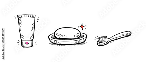 Bathroom theme  a horizontal row of 3 related hand-drawn daily care objects on a white background: a squeezable toothpaste tube with a tiny pink dot on the cap