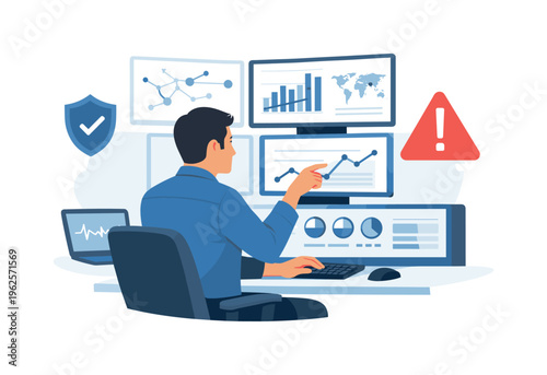 Security and infrastructure monitoring concept illustrating a specialist managing continuous system oversight to detect issues and maintain operational performance, with a person