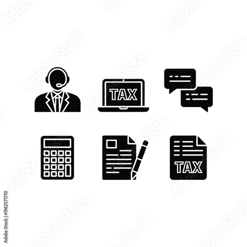 Tax consultant icon set with calculator and laptop illustration