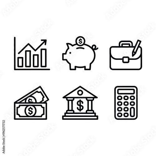 Finance icons set including money, calculator and briefcase vector illustration