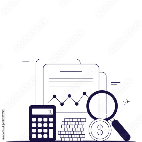Calculator and magnifying glass for financial analysis and accounting