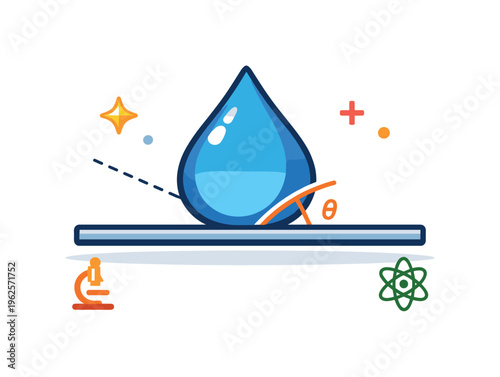 Contact angle goniometry for measuring surface wettability in material science and coating research, a single droplet resting on a flat surface with a small angle arc marker