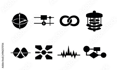 Quantum computing research: qubit state sphere diagram, quantum gate circuit tile, entanglement link loops, cryostat cooling chamber, superposition wave bands, ion trap electrode