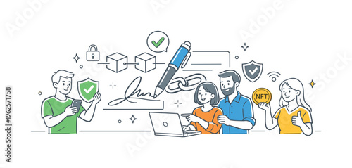 Individuals confirming digital ownership and secure approvals through decentralized systems in an online environment, illustrated by a simple chain of blocks combined with a pen