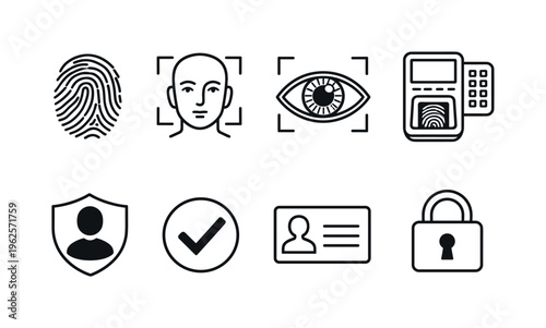 Biometric verification security: fingerprint scan, face recognition frame, iris scan eye, biometric scanner device, user profile shield, access checkmark, identity card, secure