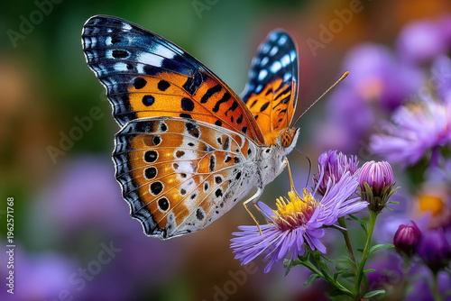 Butterfly on purple flower, nature macro photography