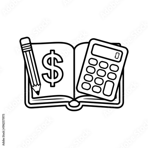 Calculator and pencil on an open book with dollar sign illustration