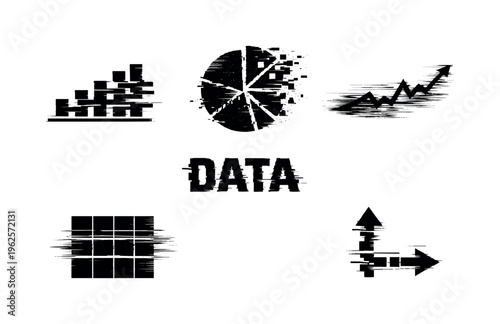 Data visualization corruption theme, a set of five glitch-distorted monochrome objects floating on a perfectly clean white background, each object exhibiting