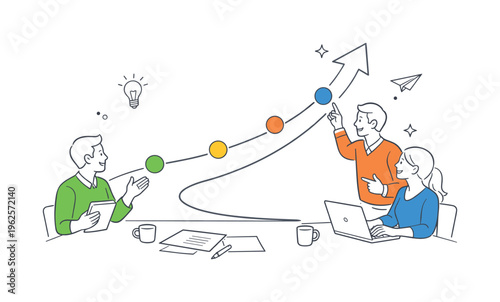 Entrepreneurs organizing customer growth expectations and planning gradual expansion pathways together during a strategic business mapping session in a startup