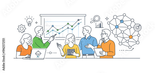 A technology analytics context where teams leverage AI systems to process information and identify trends for strategic planning and optimization, represented by a small group