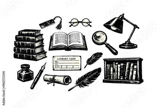 A detailed library and reading themed collection of isolated literary objects and study elements, designed as a vintage reference sheet of individual assets,