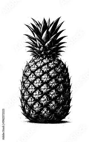 Whole pineapple viewed from a slightly low angle with the spiky crown rising upward and the textured body filling the frame, isolated on a stark white