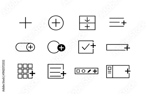 UI add controls set: plus button, floating action button, dropdown add, expand menu, toggle on, radio button select, checkbox add, input field add, grid add, list add, toolbar plus