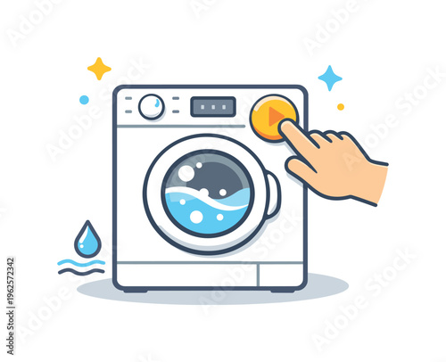 Pressing a button on a washing machine to start a cycle as part of a regular household routine focused on cleanliness and maintaining daily order, a washing machine with a