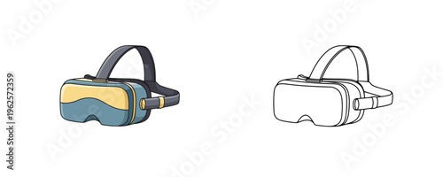 Virtual reality goggles in blue and yellow cartoon style and black and white line art version isolated on white background used for gaming and immersive digital experiences