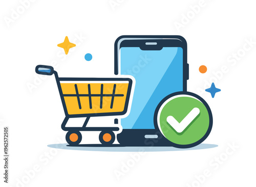 Online shopping and e commerce convenience centered on fast and easy purchasing in a digital environment, a shopping cart paired with a smartphone and a small checkmark creating a