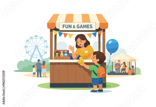Outdoor local festival and family-friendly activities in a community setting, represented by a small booth paired with a child figure and a balloon element, symbolizing joy