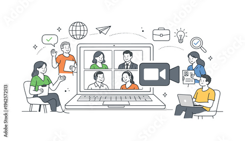 A remote hiring and virtual interview process scene showing recruiters and candidates connecting from different locations together around a large laptop and a simple video camera
