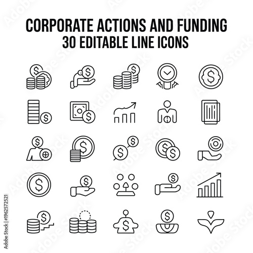 Funding icons set for corporate actions and financial planning illustration