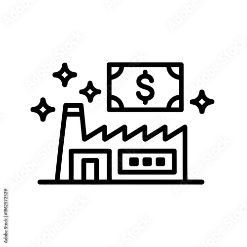Factory icon with dollar bill and stars, symbolizing profit and success