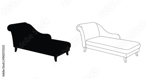 Elegant chaise lounge depicted in contrasting styles outline and silhouette
