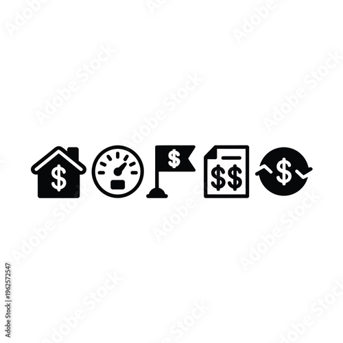 Money icons vector set including house, speedometer and dollar sign
