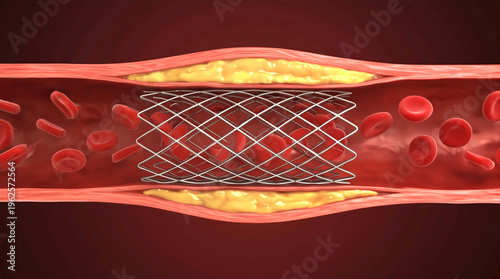Coronary stent expanding inside clogged artery to restore blood flow. Medical illustration of angioplasty procedure treating atherosclerosis and plaque buildup.
