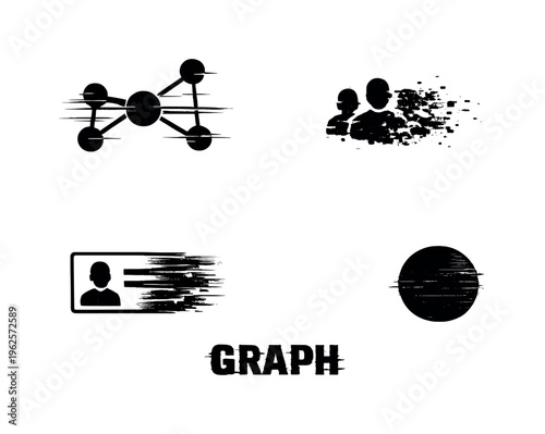 Digital identity graph and relationship mapping theme, a set of four glitch-distorted monochrome objects placed on a perfectly clean white background, each