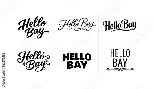 The phrase Hello Bay showcased as a cohesive typography set featuring six visually different stylistic treatments of the same breezy coastal phrase, carefully