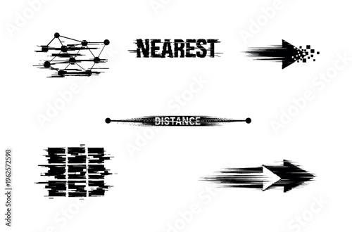 Theme: artificial intelligence similarity search and nearest neighbor mapping  a set of 5 glitch-distorted monochrome objects placed on a perfectly clean white