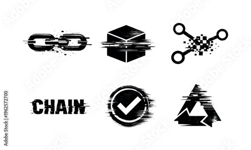 Blockchain validation and distributed trust concept  a set of five glitch-distorted monochrome symbols floating as isolated specimens on a perfectly clean