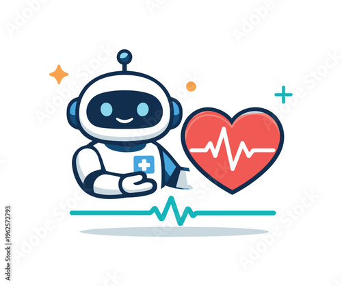 Healthcare technology and robotic assistance supporting doctors in diagnosing patients through intelligent systems and automated insights, a robot figure paired with a human heart