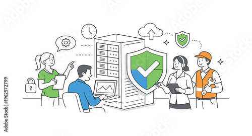 A business continuity setting where organizations oversee secure and efficient data processing through structured datacenter management practices, illustrated by a small group
