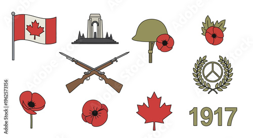 Remembrance day symbols canadian flag vimy ridge and poppy flowers with wartime elements