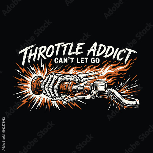 Skeleton Hand Gripping Motorcycle Throttle with Flames - Biker Illustration